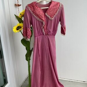 Vintage Antique Edwardian Cream Lace & Mauve Pink A-Line Empire Waist Maxi Dress